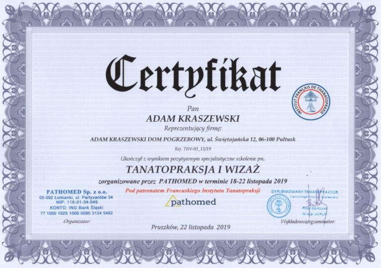 certyfikat tanatokosmetyka 1